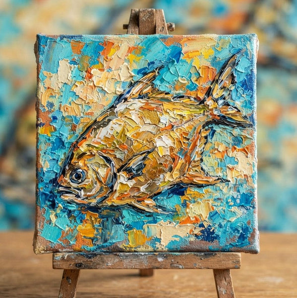 Golden Pomfret Fish Painting, Small Art on Canvas, Ready to Hang Artwork, Original Acrylic Paintings, Heavy Texture Painting, Impasto Artwork, Hand Painted Canvas Art-Grace Painting Crafts