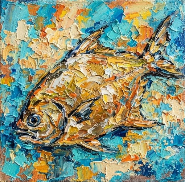 Golden Pomfret Fish Painting, Small Art on Canvas, Ready to Hang Artwork, Original Acrylic Paintings, Heavy Texture Painting, Impasto Artwork, Hand Painted Canvas Art-Grace Painting Crafts