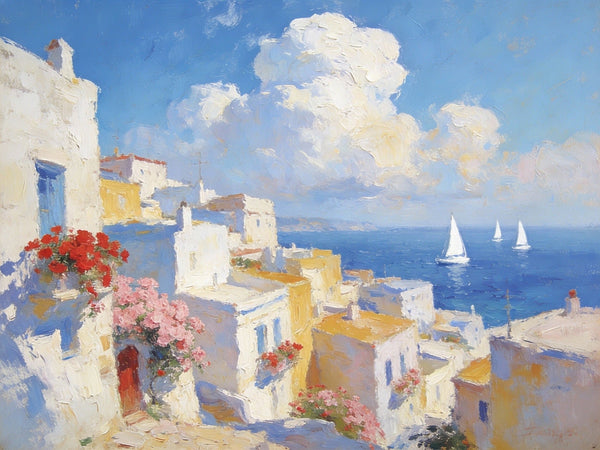 Small Paintings On Canvas, Coastal Santorini, A Vibrant Scene with Sailboats and Villages, Simple Painting Ideas, Hand Painted Wall Art, Small Wall Paintings, Landscape Canvas Paintings-Grace Painting Crafts