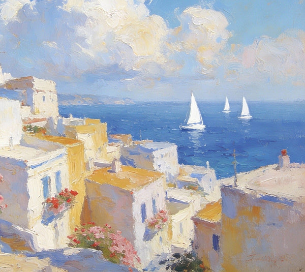Small Paintings On Canvas, Coastal Santorini, A Vibrant Scene with Sailboats and Villages, Simple Painting Ideas, Hand Painted Wall Art, Small Wall Paintings, Landscape Canvas Paintings-Grace Painting Crafts