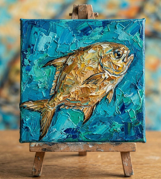 Hand Painted Canvas Art, Tuna Fish Painting, Original Acrylic Paintings, Small Art on Canvas, Heavy Texture Painting, Ready to Hang, Impasto Artwork-Grace Painting Crafts
