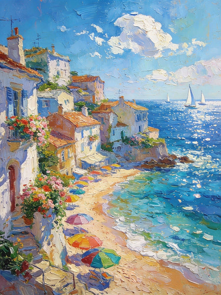 Azure Days - A Summer Holiday on the Mediterranean, Landscape Oil Paintings, Impasto Wall Art Paintings, Original Small Paintings on Canvas, Heavy Texture Oil Paintings, Small Paintings on Canvas-Grace Painting Crafts