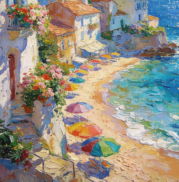 Azure Days - A Summer Holiday on the Mediterranean, Landscape Oil Paintings, Impasto Wall Art Paintings, Original Small Paintings on Canvas, Heavy Texture Oil Paintings, Small Paintings on Canvas-Grace Painting Crafts