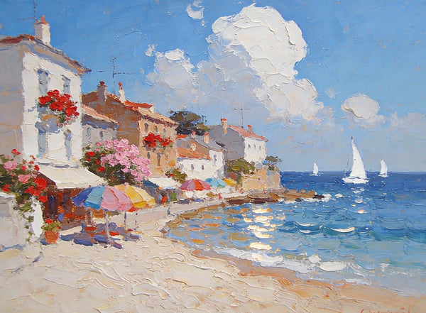 Seaside Summer Holiday, Small Oil Paintings on Canvas, Palette Knife Artwork, Landscape Canvas Paintings, Hand Painted Canvas Art, Original Oil Paintings-Grace Painting Crafts