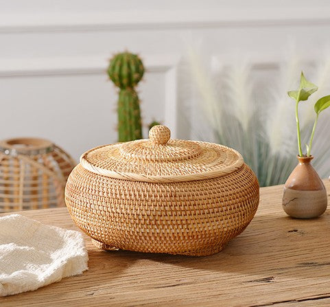 Rattan Storage Basket for Kitchen, Storage Basket for Picnic, Small Storage Baskets, Round Storage Basket with Lid, Woven Storage Baskets-Grace Painting Crafts