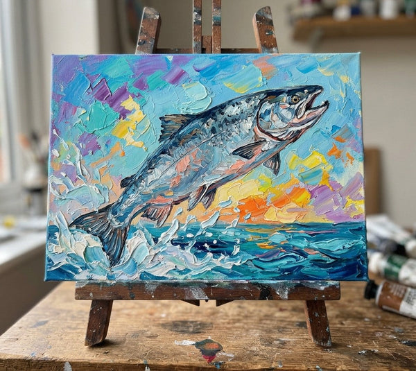 Original Acrylic Paintings, Small Art on Canvas, Salmon Fish Painting, Ready to Hang Artwork, Heavy Texture Painting, Impasto Artwork, Hand Painted Canvas Art-Grace Painting Crafts