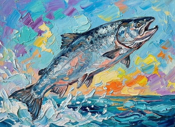 Original Acrylic Paintings, Small Art on Canvas, Salmon Fish Painting, Ready to Hang Artwork, Heavy Texture Painting, Impasto Artwork, Hand Painted Canvas Art-Grace Painting Crafts