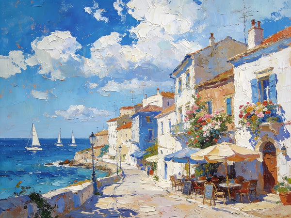 Serene Town by the Sea, A Colorful Coastal Landscape, Hand Painted Canvas Art, On Canvas Small Paintings, Small Landscape Paintings, Landscape Wall Art Paintings, Original Oil Paintings-Grace Painting Crafts