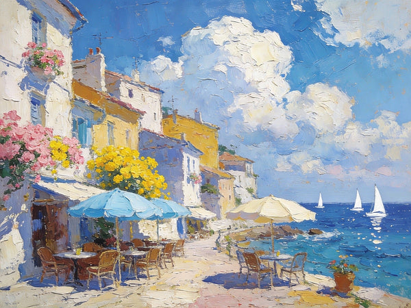 Small Paintings on Canvas, A Seaside Cafe, Summer Resort, Hand Painted Canvas Art, Impasto Artwork, Original Oil Paintings, Small Landscape Paintings on Wall-Grace Painting Crafts