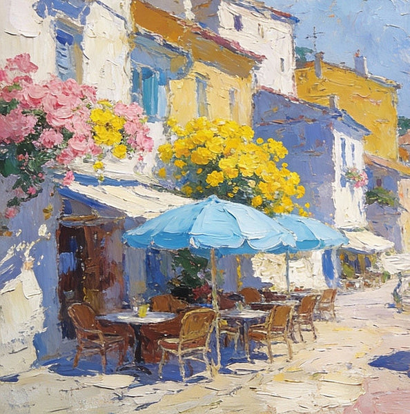 Small Paintings on Canvas, A Seaside Cafe, Summer Resort, Hand Painted Canvas Art, Impasto Artwork, Original Oil Paintings, Small Landscape Paintings on Wall-Grace Painting Crafts