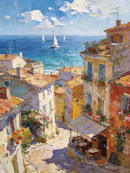 Impasto Wall Art Paintings, A Leisurely Town by the Mediterranean, Landscape Oil Paintings, Original Small Paintings on Canvas, Heavy Texture Oil Paintings, On Canvas Small Paintings-Grace Painting Crafts
