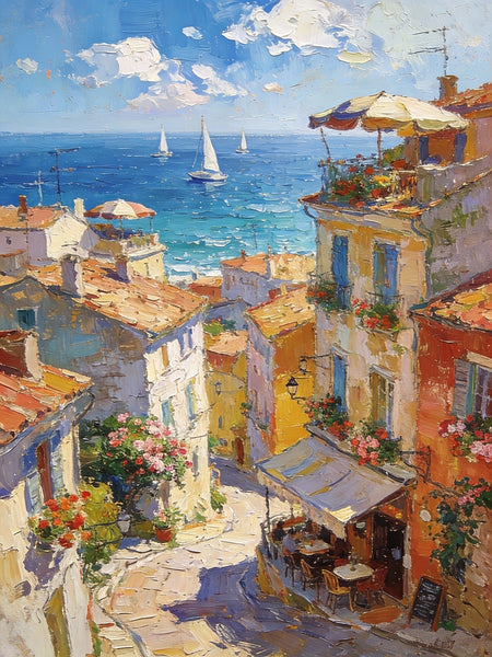 Impasto Wall Art Paintings, A Leisurely Town by the Mediterranean, Landscape Oil Paintings, Original Small Paintings on Canvas, Heavy Texture Oil Paintings, On Canvas Small Paintings-Grace Painting Crafts