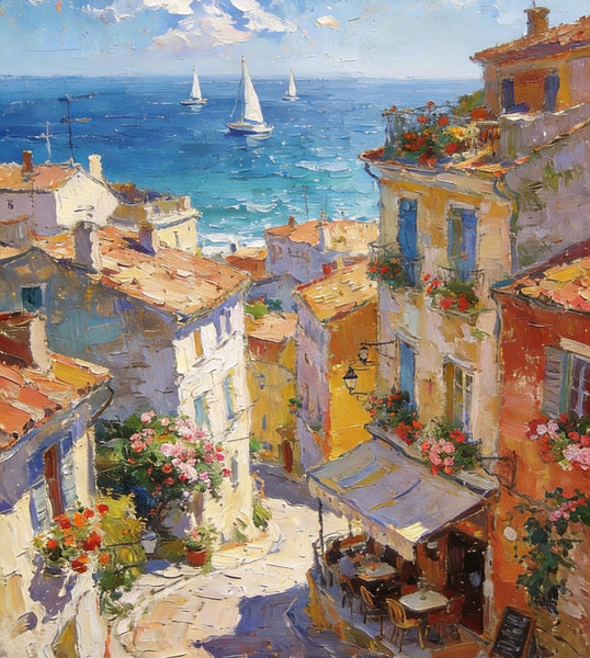 Impasto Wall Art Paintings, A Leisurely Town by the Mediterranean, Landscape Oil Paintings, Original Small Paintings on Canvas, Heavy Texture Oil Paintings, On Canvas Small Paintings-Grace Painting Crafts