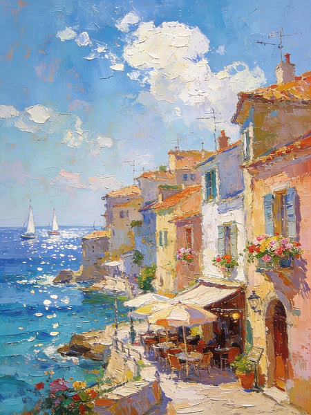 Seaside Cafe Days, Summer Resort, Landscape Oil Paintings, Impasto Wall Art Paintings, Original Small Paintings on Canvas, Heavy Texture Oil Paintings, On Canvas Small Paintings-Grace Painting Crafts