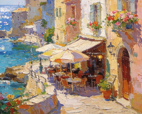 Seaside Cafe Days, Summer Resort, Landscape Oil Paintings, Impasto Wall Art Paintings, Original Small Paintings on Canvas, Heavy Texture Oil Paintings, On Canvas Small Paintings-Grace Painting Crafts