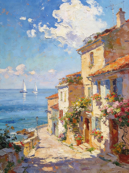 On Canvas Small Paintings, Sunlit Coastal Town, Flower-Adorned Streets and Sailboats, Hand Painted Canvas Art, Original Artwork Small Paintings on Wall, Landscape Oil Paintings-Grace Painting Crafts