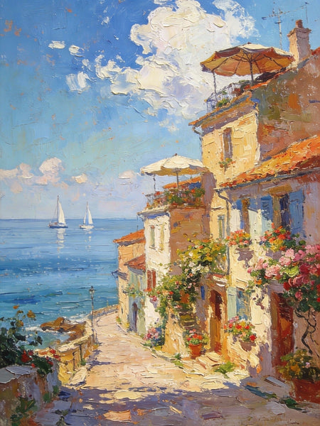 On Canvas Small Paintings, Sunlit Coastal Town, Flower-Adorned Streets and Sailboats, Hand Painted Canvas Art, Original Artwork Small Paintings on Wall, Landscape Oil Paintings-Grace Painting Crafts