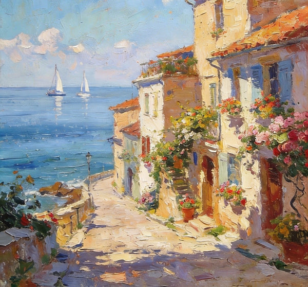 On Canvas Small Paintings, Sunlit Coastal Town, Flower-Adorned Streets and Sailboats, Hand Painted Canvas Art, Original Artwork Small Paintings on Wall, Landscape Oil Paintings-Grace Painting Crafts