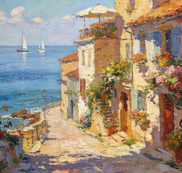On Canvas Small Paintings, Sunlit Coastal Town, Flower-Adorned Streets and Sailboats, Hand Painted Canvas Art, Original Artwork Small Paintings on Wall, Landscape Oil Paintings-Grace Painting Crafts