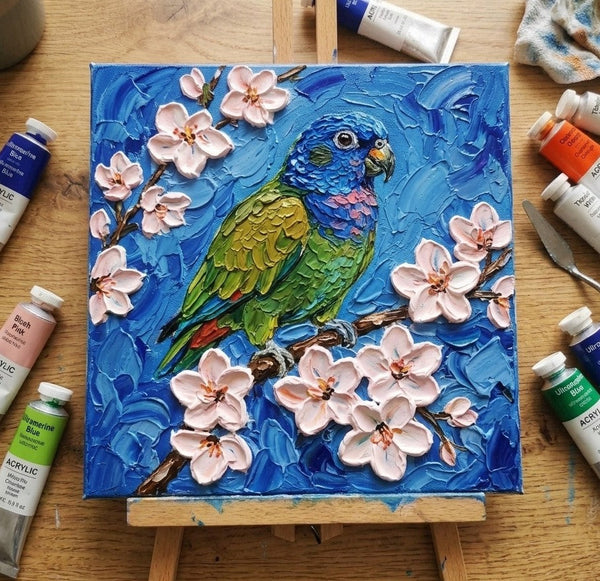 Parrot Bird Painting, Small Art on Canvas, Heavy Texture Painting, Ready to Hang Painting, Impasto Artwork, Original Acrylic Paintings, Hand Painted Canvas Art-Grace Painting Crafts