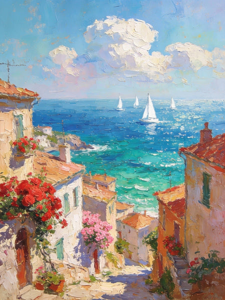Coastal Town with Sailboats, A Vibrant Mediterranean Scene, Original Artwork Small Paintings, Hand Painted Canvas Art, Heavy Texture Wall Art Paintings, On Canvas Small Paintings-Grace Painting Crafts