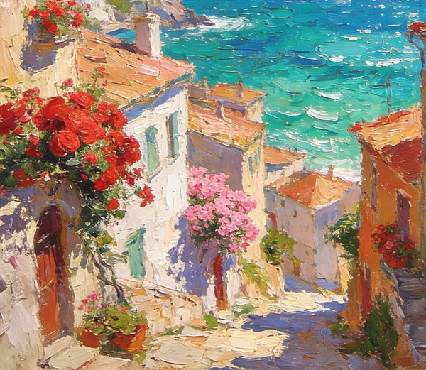 Coastal Town with Sailboats, A Vibrant Mediterranean Scene, Original Artwork Small Paintings, Hand Painted Canvas Art, Heavy Texture Wall Art Paintings, On Canvas Small Paintings-Grace Painting Crafts