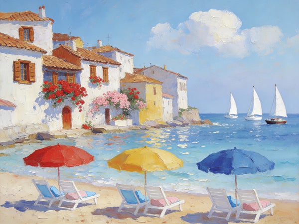 Landscape Oil Paintings, Coastal Town with Colorful Umbrellas, Small Paintings on Canvas, Original Canvas Paintings, Heavy Texture Artwork, Hand Painted Wall Art-Grace Painting Crafts
