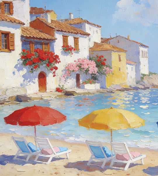 Landscape Oil Paintings, Coastal Town with Colorful Umbrellas, Small Paintings on Canvas, Original Canvas Paintings, Heavy Texture Artwork, Hand Painted Wall Art-Grace Painting Crafts