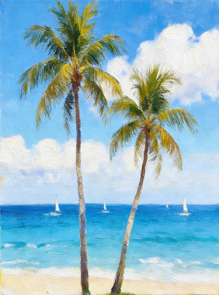Original Seascape Paintings, Blue Sea and Coconut Trees, Hand Painted Canvas Art, Small Canvas Artwork, Original Oil Paintings, Buy Small Paintings Online-Grace Painting Crafts