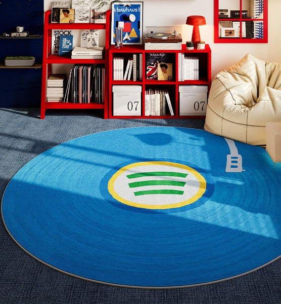Modern Floor Rugs Next to Bed, Blue Circular Modern Rugs for Dining Room, Geometric Round Rugs for Small House, Contemporary Floor Carpets for Apartment