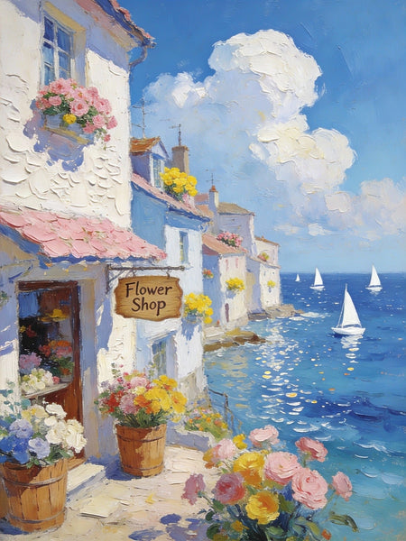 Original Small Paintings, Seaside Flower Shop in Summer, Impasto Paintings, Small Oil Paintings, Small Wall Art Paintings, Landscape Canvas Paintings-Grace Painting Crafts