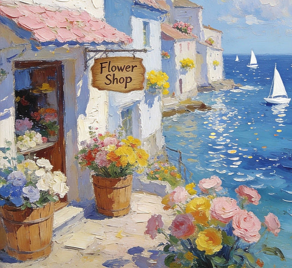 Original Small Paintings, Seaside Flower Shop in Summer, Impasto Paintings, Small Oil Paintings, Small Wall Art Paintings, Landscape Canvas Paintings-Grace Painting Crafts