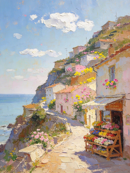 Sunlit Cliffside Town, Flowers, Houses, and Ocean Views, Original Artwork Small Paintings, Hand Painted Canvas Art, On Canvas Small Paintings, Palette Knife Artwork, Landscape Artwork, Canvas Paintings-Grace Painting Crafts