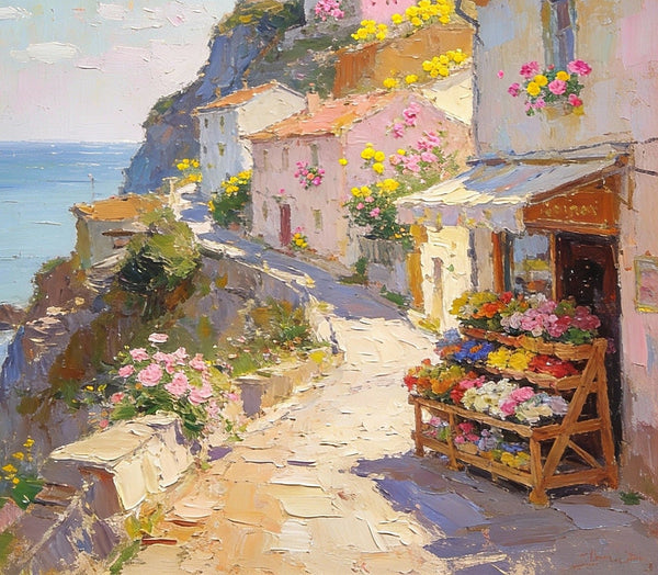 Sunlit Cliffside Town, Flowers, Houses, and Ocean Views, Original Artwork Small Paintings, Hand Painted Canvas Art, On Canvas Small Paintings, Palette Knife Artwork, Landscape Artwork, Canvas Paintings-Grace Painting Crafts