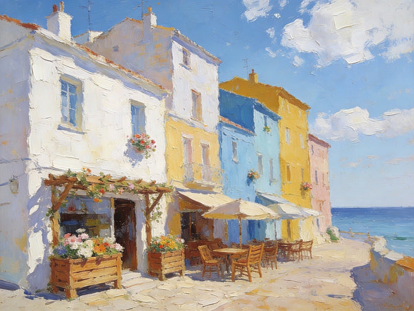 On Canvas Small Paintings, European Street Cafe, Colorful Buildings by the Sea, Simple Painting Ideas, Hand Painted Wall Art, Small Wall Paintings, Landscape Canvas Paintings-Grace Painting Crafts