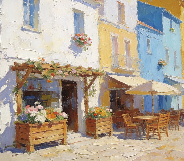 On Canvas Small Paintings, European Street Cafe, Colorful Buildings by the Sea, Simple Painting Ideas, Hand Painted Wall Art, Small Wall Paintings, Landscape Canvas Paintings-Grace Painting Crafts
