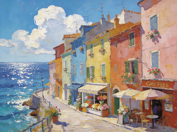 Flower Shop by the Mediterranean, Summer Resort, Hand Painted Canvas Art, Small Landscape Paintings, Original Oil Paintings, Small Wall Art Paintings, Small Paintings on Canvas-Grace Painting Crafts