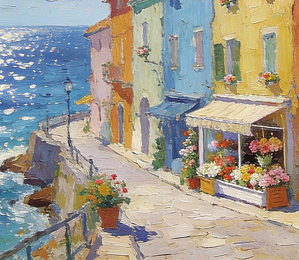 Flower Shop by the Mediterranean, Summer Resort, Hand Painted Canvas Art, Small Landscape Paintings, Original Oil Paintings, Small Wall Art Paintings, Small Paintings on Canvas-Grace Painting Crafts