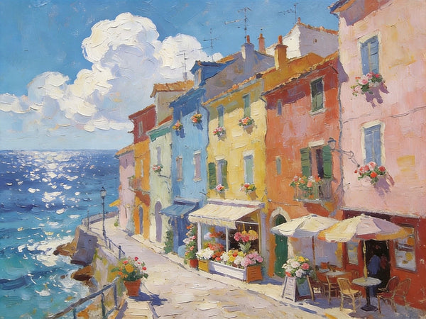 Flower Shop by the Mediterranean, Summer Resort, Hand Painted Canvas Art, Small Landscape Paintings, Original Oil Paintings, Small Wall Art Paintings, Small Paintings on Canvas-Grace Painting Crafts