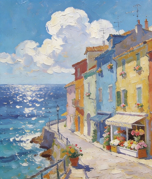 Flower Shop by the Mediterranean, Summer Resort, Hand Painted Canvas Art, Small Landscape Paintings, Original Oil Paintings, Small Wall Art Paintings, Small Paintings on Canvas-Grace Painting Crafts