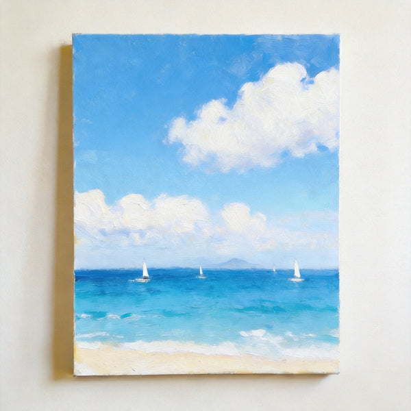 Peaceful Seashore, Sailing Boats at Sea, Hand Painted Canvas Art, Original Landscape Paintings, Small Canvas Wall Art Paintings, Original Oil Paintings, Buy Small Paintings Online-Grace Painting Crafts