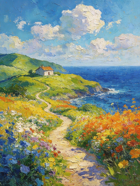 On Canvas Small Paintings, A Cottage by the Azure Sea, Hand Painted Canvas Art, Original Artwork Small Paintings on Wall, Landscape Oil Paintings-Grace Painting Crafts