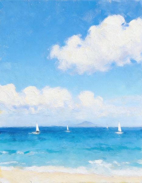 Peaceful Seashore, Sailing Boats at Sea, Hand Painted Canvas Art, Original Landscape Paintings, Small Canvas Wall Art Paintings, Original Oil Paintings, Buy Small Paintings Online-Grace Painting Crafts