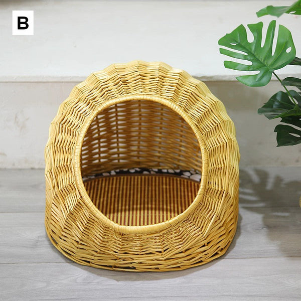 Natural Wicker Cat House Basket with Washable Cushion for Indoor Cats and Dogs, Rattan Cat Bed-Grace Painting Crafts