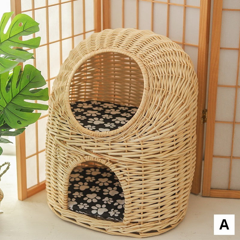 Large Double-Layer Cat Bed, Wicker Cat House Basket with Washable Cushion for Indoor Cats and Dogs-Grace Painting Crafts