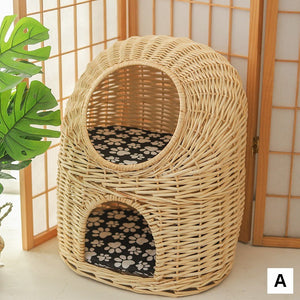 Large Double-Layer Cat Bed, Wicker Cat House Basket with Washable Cushion for Indoor Cats and Dogs-Grace Painting Crafts