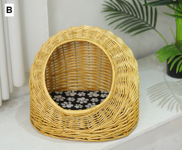 Natural Wicker Cat House Basket with Washable Cushion for Indoor Cats and Dogs, Rattan Cat Bed-Grace Painting Crafts