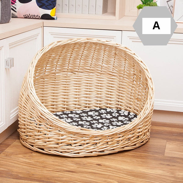 Natural Wicker Cat House Basket with Washable Cushion for Indoor Cats and Dogs, Hand woven Rattan Cat Bed-Grace Painting Crafts
