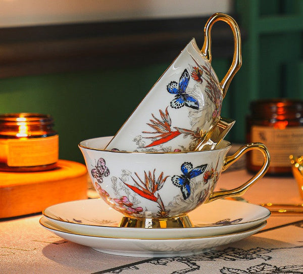 Ceramic Coffee Cups in Gift Box, Butterfly Pattern Porcelain Tea Cup and Saucer Set, British Afternoon Tea Cup and Saucer Set-Grace Painting Crafts