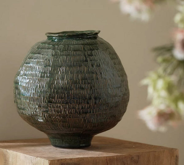 Large Contemporary Vases on Dining Table, Handmade Modern Flower Vase, Centerpiece Ceramic Bouquet Vases, Green Porcelain Vases for Modern Home Decor-Grace Painting Crafts